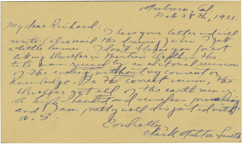 Handwritten postcard from Clark Ashton Smith to Richard Dodson. Smith promises to send some drawings to Dodson. He breifly talks about SF publications.
