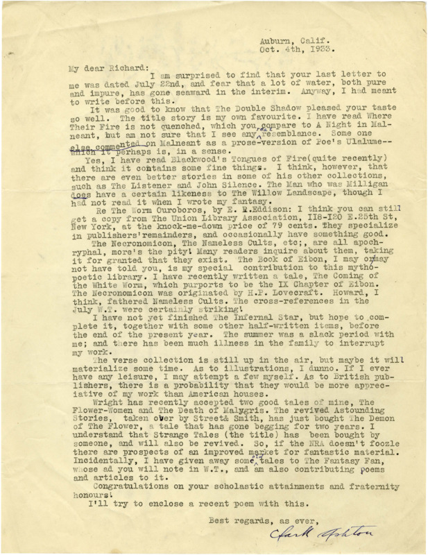 Typewritten letter from Clark Ashton Smith to Richard Dodson. Smith talks about some of his suggested books and stories, telling Dodson where he may find some. He then talks about progress in publishing a few of his stories in some magazines.