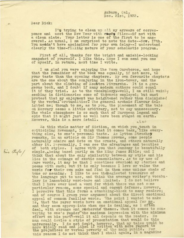 Typewritten letter from Clark Ashton Smith to Richard Dodson. Smith thanks Dodson for the picture he sent of himself, and says he hopes to send his own in return. He then talks about some recommended stories, and discusses authors and their writing styles.