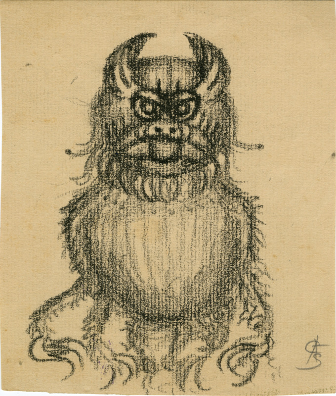 5 3/4 x 6 1/2 inch black and white drawing, captioned on the verso in Smith's hand: "Chinese Hell Cat. / 1918"