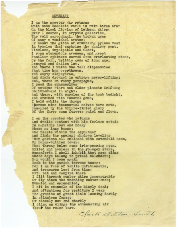 Carbon copy of a typewritten manuscript poem signed by Clark Ashton Smith, enclosed in letter to Richard Dodson