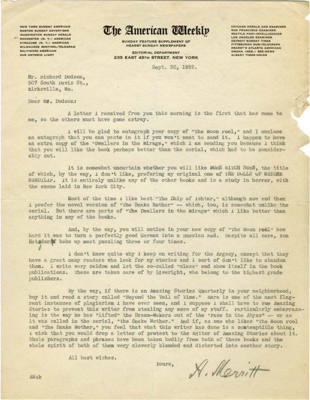 Typewritten letter from Abraham Merritt (1884-1943) to Richard Dodson, about Merritt's work and signing a book.