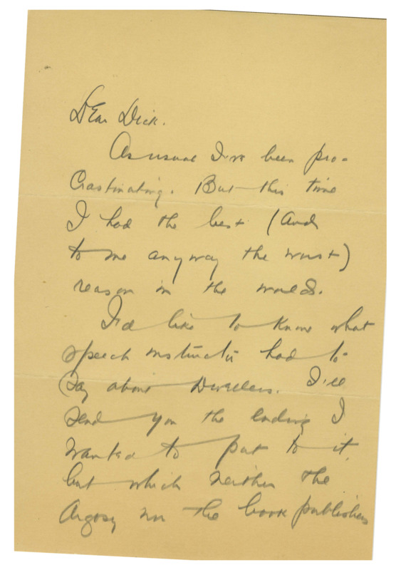 Handwritten letter from Abraham Merritt (1884-1943) to Richard Dodson, inquiring as to what Edward Elmer Smith thought of Merritt's gifted book, Dwellers in the Mirage. Merritt offers to send Dodson the  ending that he would have preferred been published in the book.