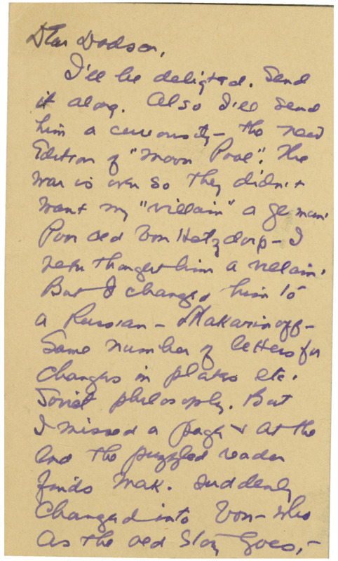 Handwritten postcard from Abraham Merritt (1884-1943) to Richard Dodson, agreeing to autograph one of Merritt's books as a Christmas gift for Edward Elmer Smith.