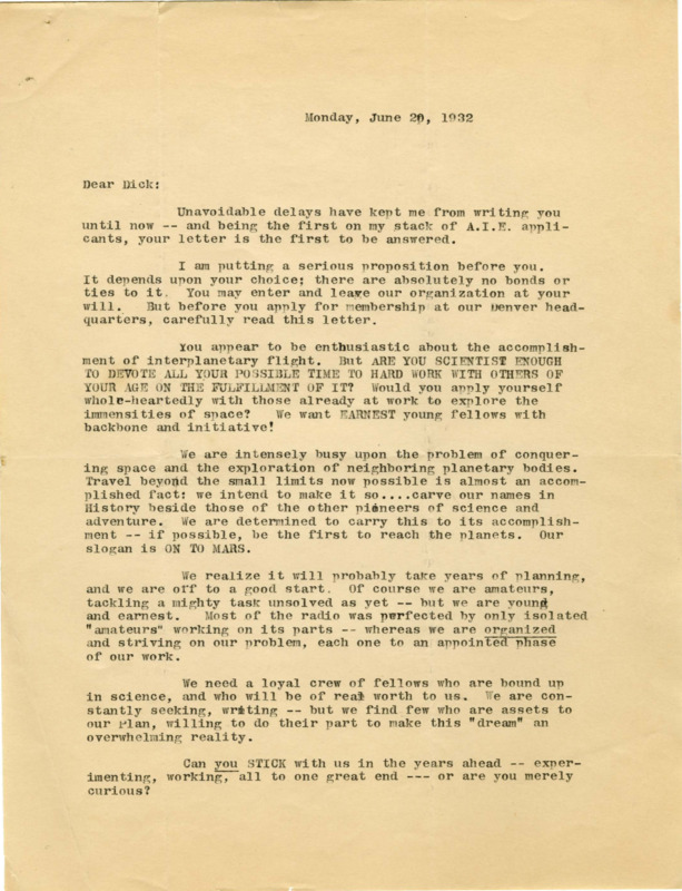 Typewritten letter from Linus Hogenmiller to Richard Dodson. Hogenmiller responds to Dodson's A.I.E. application letter, explaining what he is looking for in applicants and what the goals are for A.I.E. He ends the letter by explaining how to request membership, and asks his opinion on A.I.E.  In the handwritten note at the bottom, he explains where he can find older issues of SF magazines.