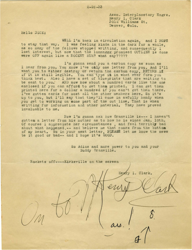 Typewritten letter from Henry Clark to Richard Dodson. Clark tells Dodson that he has sent a letter that he wants either destroyed or returned, then tells him that he will send blueprints soon. Clark then asks if Dodson has any news on Granville.