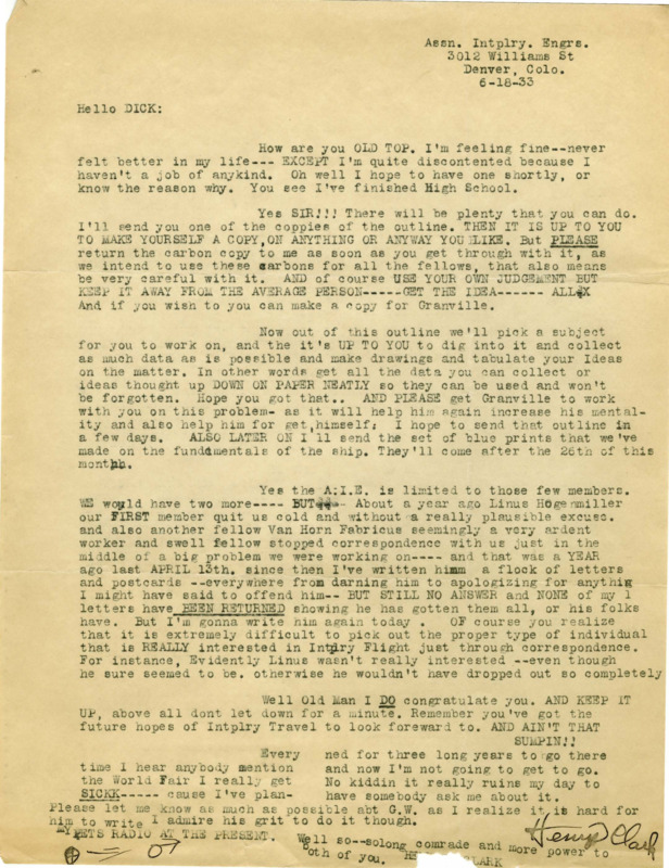 Typewritten letter from Henry Clark to Richard Dodson. Clark talks about how he is hoping for a job since he has just graduated highschool, he then promises to send Dodson documents and requests that he return the carbon copies. He talks about A.I.E. projects he will have for Dodson. There is a drawing of spaceships fighting at the bottom of the letter.