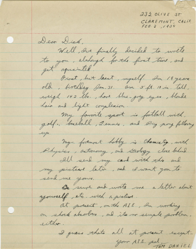 Handwritten letter from Tom Daniel to Richard Dodson. Daniel introduces himself to Dodson, telling him a bit about himself.