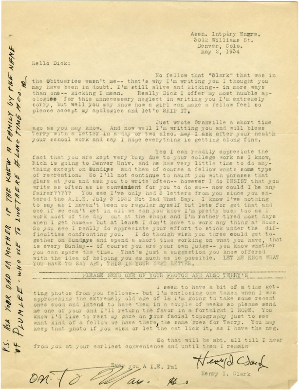 Typewritten letter from Henry Clark to Richard Dodson. Clark assures Dodson that the "Clark" recently listed in the obituaries was not him. He asks Dodson to write often and send a photo of himself and Terry.