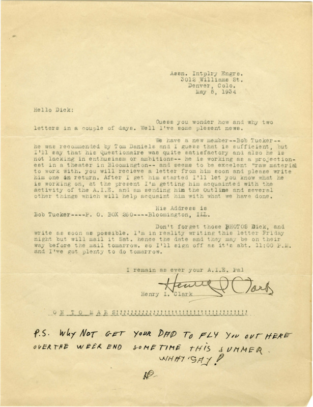 Typewritten letter from Henry Clark to Richard Dodson. Clark delivers the good news that there is a new A.I.E. member, giving Dodson his contact information. He reminds Dodson to send his photo and invites him to visit.