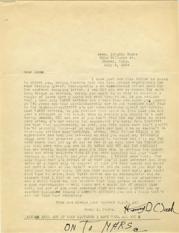Typewritten letter from Henry Clark to Richard Dodson. Clark gets after Dodson for only writing four times in the two years he has been an A.I.E. member, requesting that he writes more often and that he sends his photo.