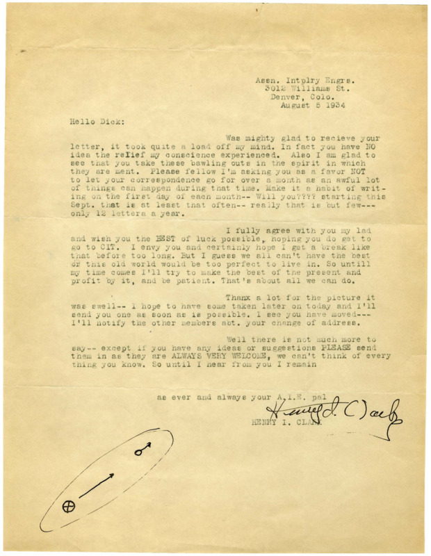 Typewritten letter from Henry Clark to Richard Dodson. Clark thanks Dodson for writing and for his photo, asking Dodson to continue to write often (once a month).