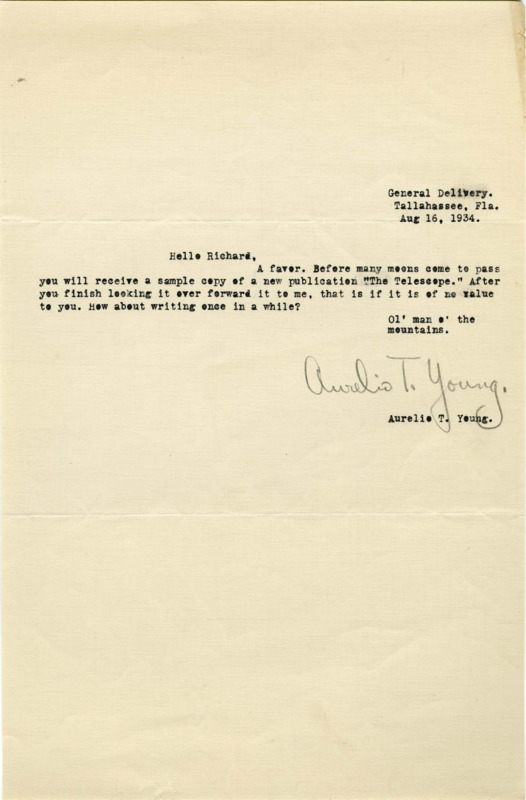 Typewritten letter from Aurelie Young to Richard Dodson. Young asks Dodson to forward "The Telescope" to them once he is done reading it.