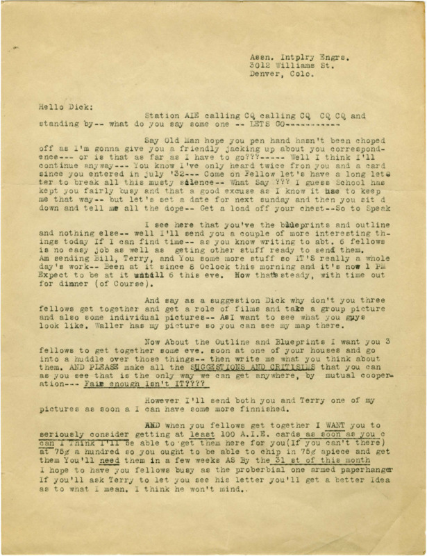 Typewritten letter to Richard Dodson, assumed to be from Henry Clark. Clark requests that Dodson write more often, and promises to send more documents to him. He then suggests that Dodson get together with other A.I.E. members and send a group photo.