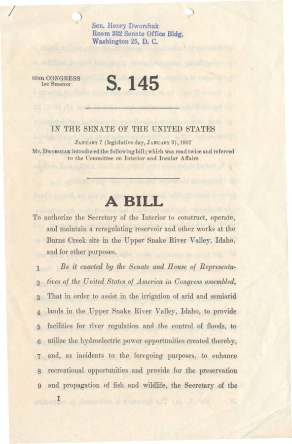 S. 145, Senate Bill 145, 85th Congress, First Session