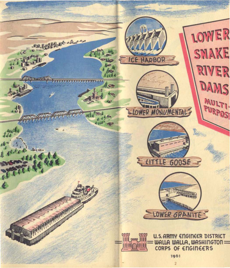 Brochure by the U.S. Army Engineer District Walla Walla, Washington Corps of Engineers.  Lower Granite lock and Dam statistics.  Information about the Damns and the Snake River, including Ice harbor lock and dam and the reservoirs that will be formed behind the four dams between the mouth of snake and Lewiston.  Also includes information on the Initial hydroelectric power potentialities, safety rules, dam statistics, and a map of the dam sites on the Snake near Lewiston and Clarkston.