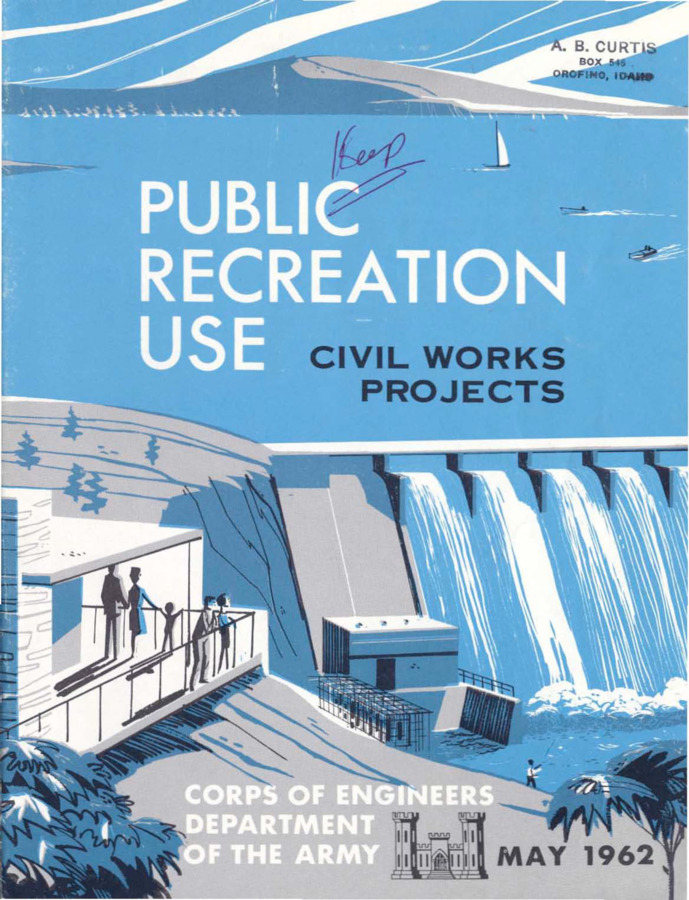 Cover of Public Recreation Use. Quote from President Kennedy. The Corps of engineers playing an important part in the national program.  Public facilities available on project lands.  190,000 watercraft.  1415 picnic grounds.  3660 guest rental units.  Cooperation with state and local governmental agencies.  Summary of reported attendance on project lands.  Map or recreation areas.  List of summary sheet 1961.  List of address of district engineer offices.  Information on where to find additional information.