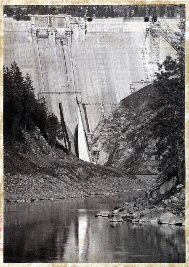 Photograph showing the Dworshak Dam under construction.