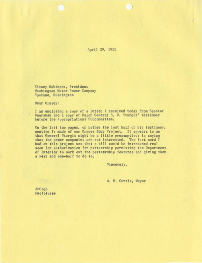 A letter to K.M. Robinson from Bert Curtis, discussing General Sturgis