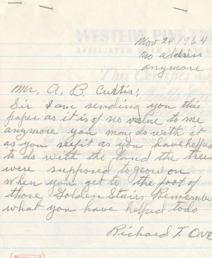 A handwritten note to Bert Curtis for his role in the Western Pine Tree Farms. Includes a Western Pine Tree Farms certificate.
