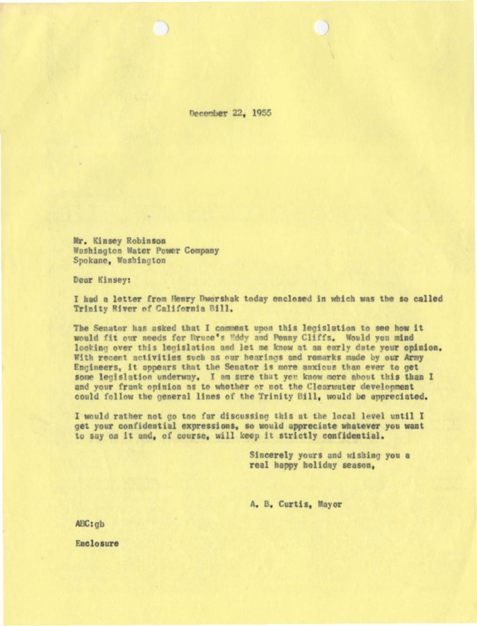 A letter to K.M. Robinson from Bert Curtis, discussing the congressional bill on Trinity River