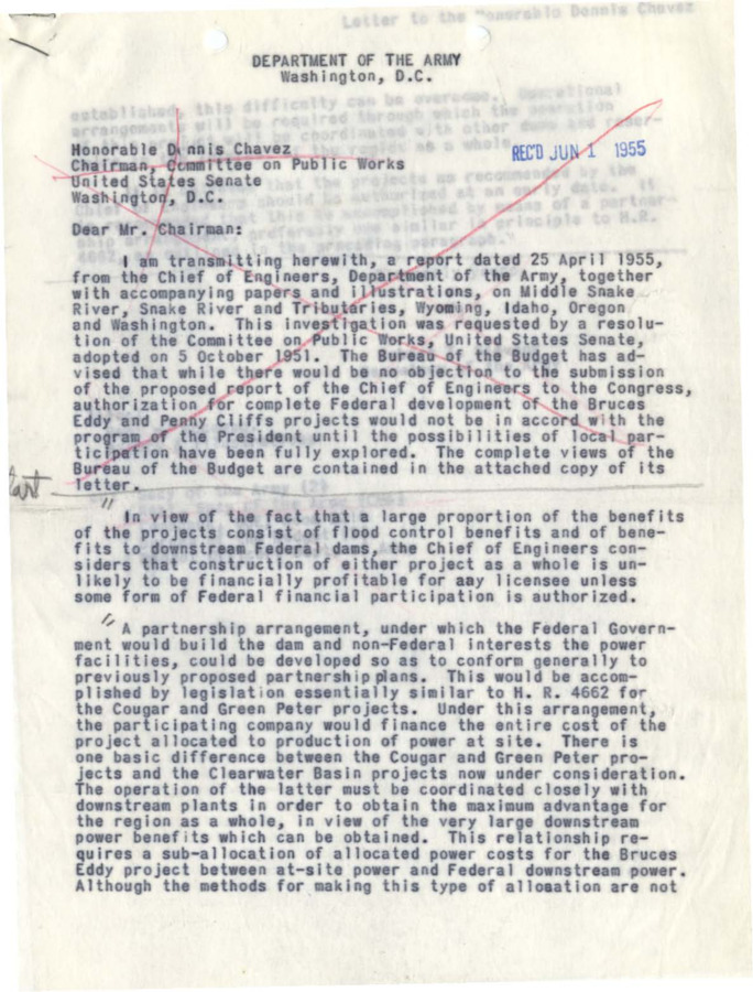A draft[?] of a letter from Robert T. Stevens to Dennis Chavez.
