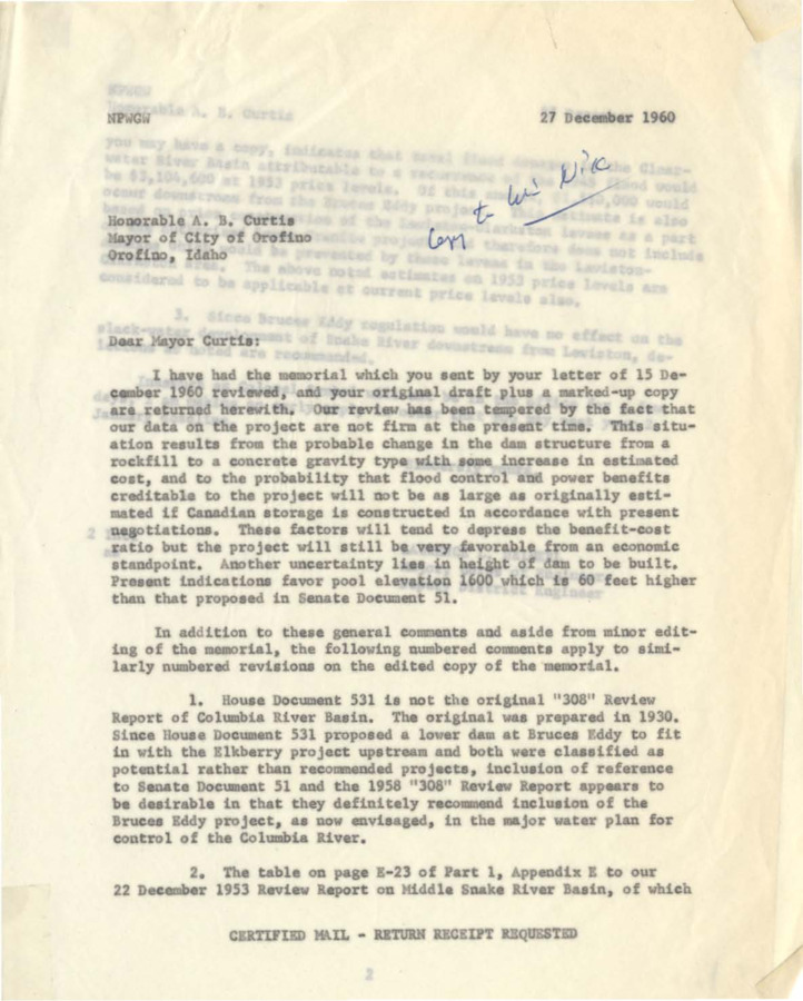 Heimerl response to the Bruce's Eddy memorial sent by Curtis in December, 1960.