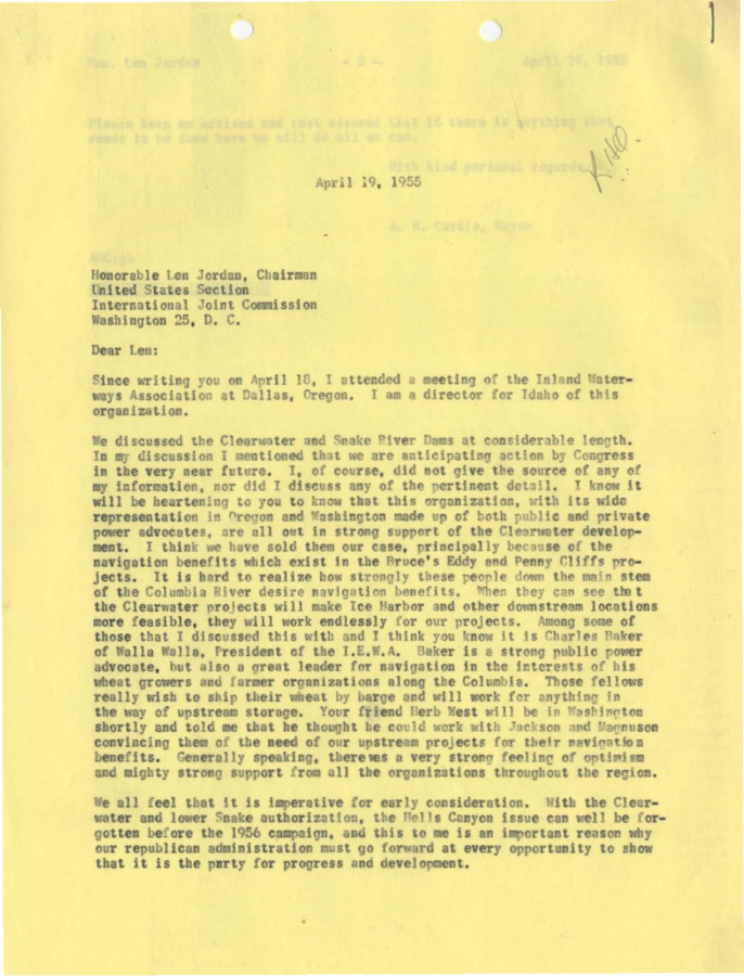 A Letter to Len Jordan from Bert Curtis, advocating the Clearwater dam projects.
