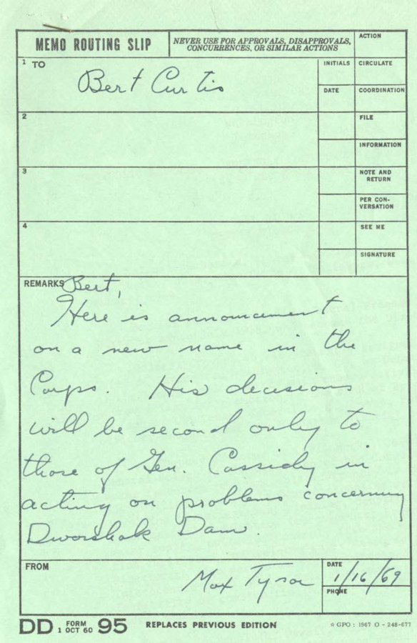 Tyson sends a note to Curtis, informing him of the appointment of Colonel Richard H. Groves