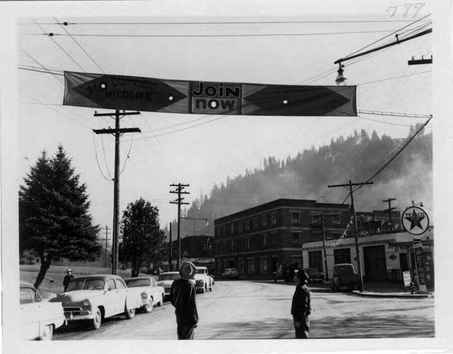 Banner across street in Orofino - propaganda we used to get $ for political effort for the dam.