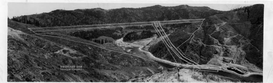 Site with dam superimposed on the photo. Coffer dam not built yet when photo taken. Note on image: "Dworshak Dam Phantom Features."