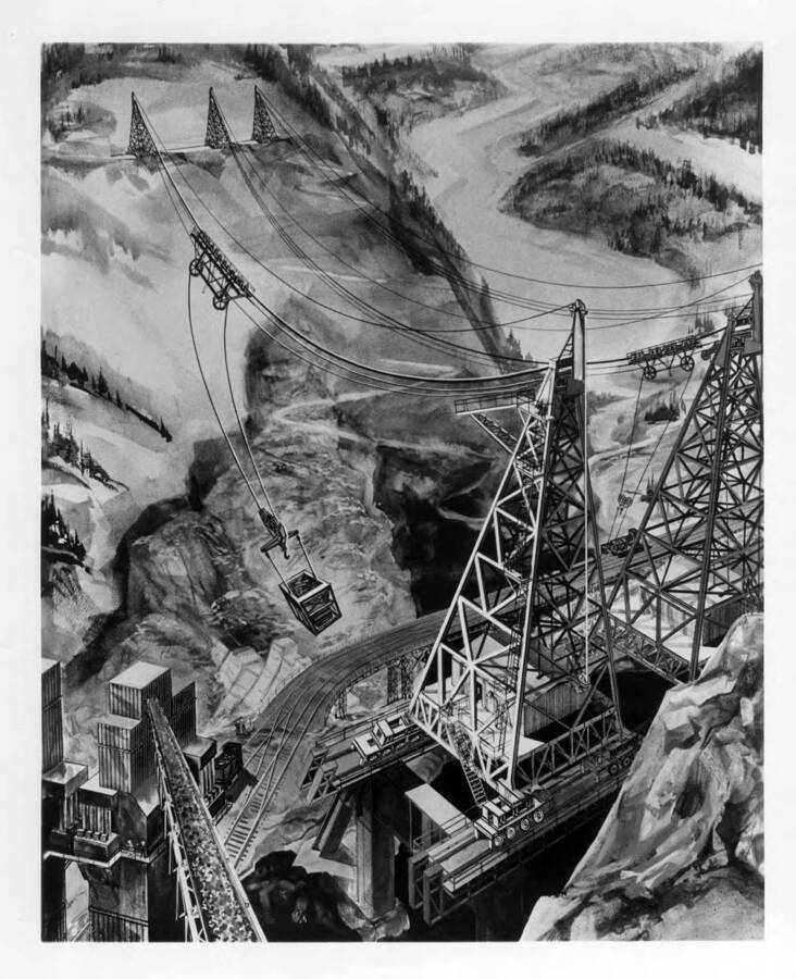 Shows three-cableway system to place concrete in dam. Photo of artist's drawing. Note on back: "Artist's painting of three-cableway system being used to place concrete in Dworshak Dam.  It is 2915 feet between the head towers (right) and tail towers (background). The bucket, weighing 25 tons with its load of concrete, travels across the river gorge at 2200 feet per minute and down the dam site at 950 feet per minute. The batch plants are at lower left. The sand and aggregate comes into the plants on conveyor belts. The fresh concrete is transported to the cableway loading dock in rail-mounted hopper cars. (Note bucket being loaded at middle right of picture.) Dworshak is being constructed under a $131-million contract by Dworshak Dam Constructors, a joint venture of five contractors sponsored by Dravo Corporation. From: Duane L. Cronk & Associates, 100 Bush St., San Francisco 94104 For: Dravo Corporation, 225 108th N.E., Bellevue, Washington 98004"