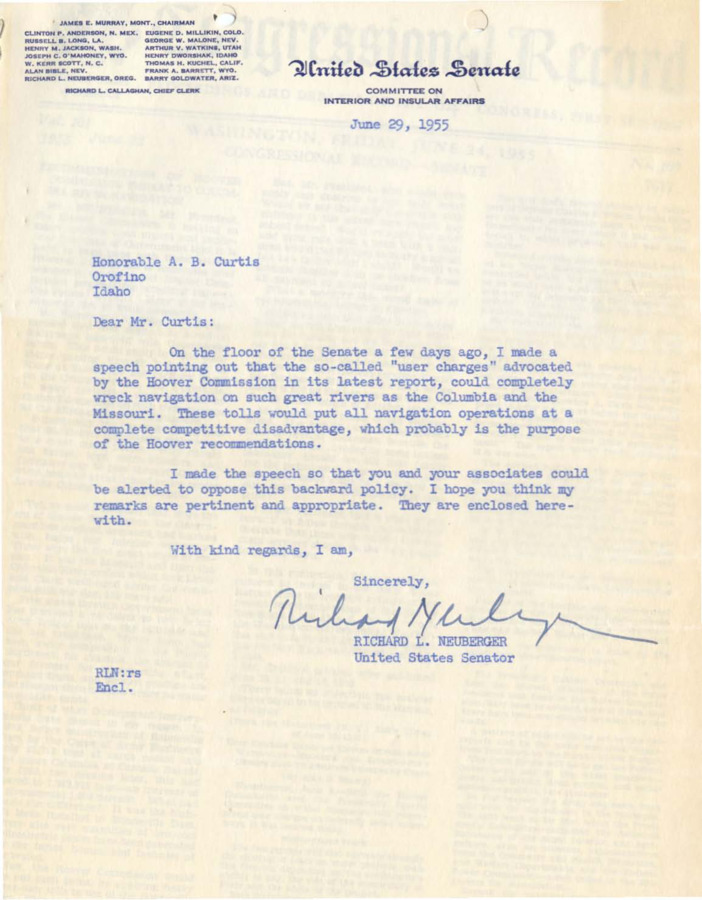 A Letter to Bert Curtis from Senator Richard L. Neuberger discussing ""user charges"" for navigation. Attached is a  copy of the congressional record for June 22, 1955, proceedings of the 84th congress, sent to Bert Curtis.