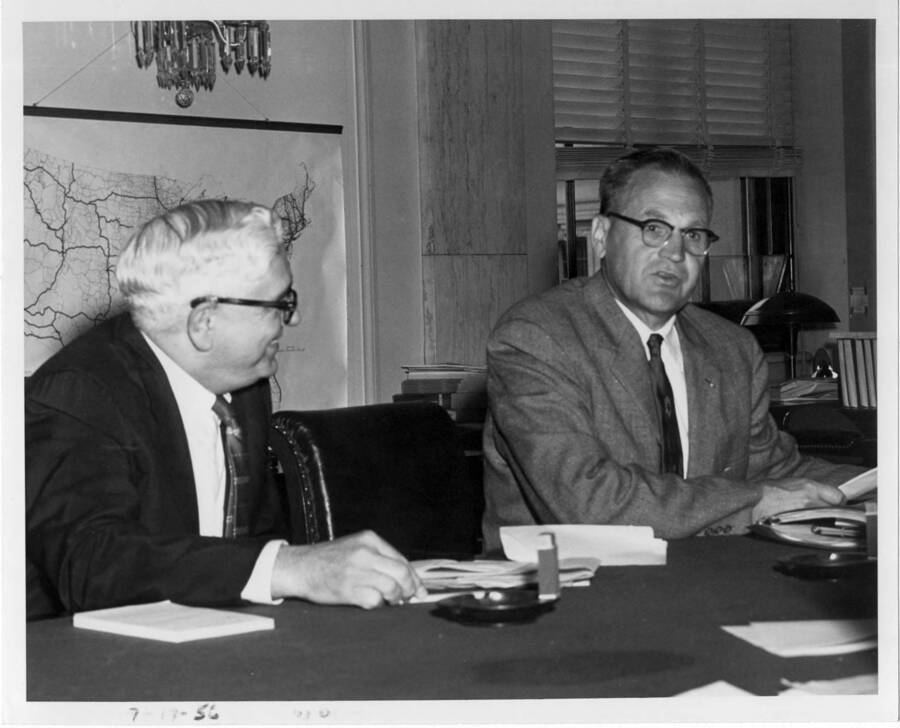 Early days of the attempt for authorization for dam. Mr. Curtis & Senator Dworshak are shown in Senate Hearing Room