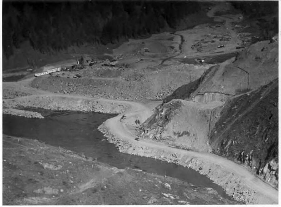 Aerial view- the contractors camp is just coming into view on the right. The diversion tunnel starts on upstream side.