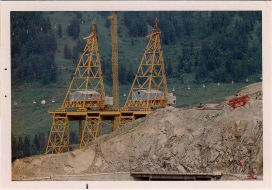 Telephoto shot taken in May that shows the towers that contain the main gut cable. These towers are on tracks similar to a railroad car so they work back and forth for concrete placement.