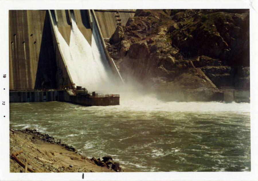 Photograph showing the spillway & base of dam as it nears completion.
