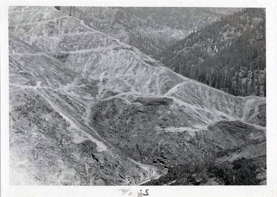 Photograph of clearing at the site.  Upper center you will note sort of a clearing belt.  Below this belt all merchantable timber was removed to about 200 ft. down in elevation.  Below that point growing trees were left since they will always be under water.  All material that floats is taken out for burning.