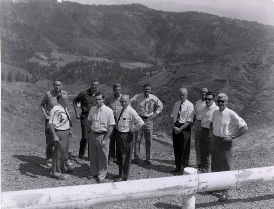 Photograph of the Potlatch Forests, Inc., Board of Directors at Dworshak Dam site.  1. Prifz Jewett, vice president from San Francisco  2. Ben Cancell, president.