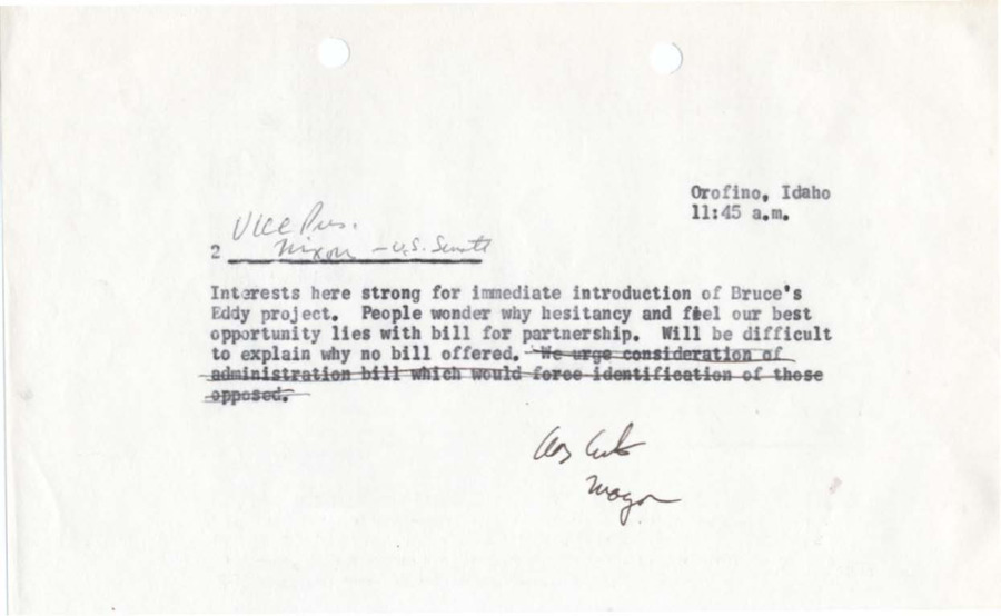 A message from Bert Curtis to Vice President Nixon, demanding the introduction of the Bruces Eddy project.