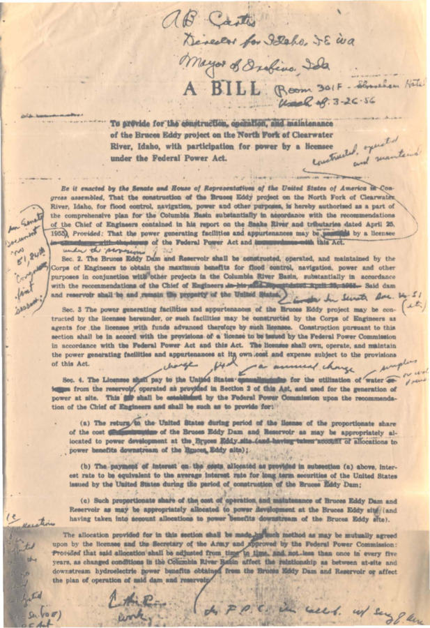 A copy of the Bruces Eddy Project Bill, with handwritten revisions by Bert Curtis