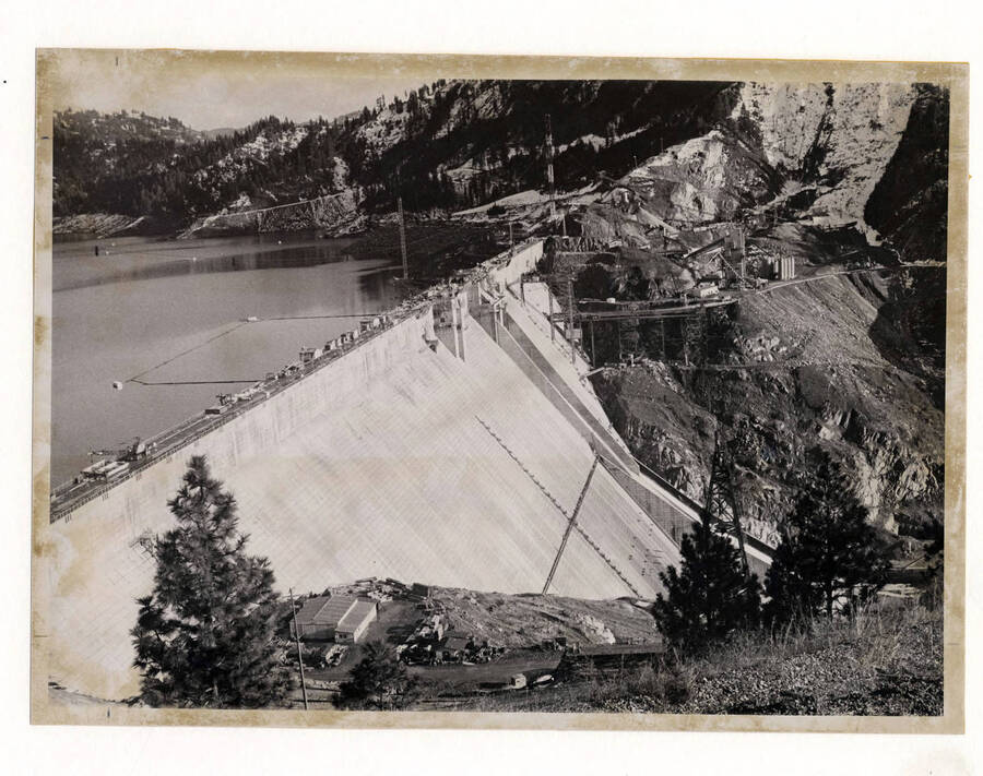Photograph showing the Dworshak Dam under construction.
