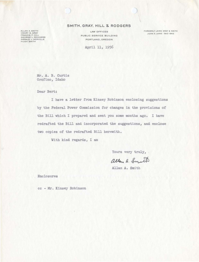 A letter indicating that Bert Curtis's revisions to the Bruces Eddy bill have been considered and included