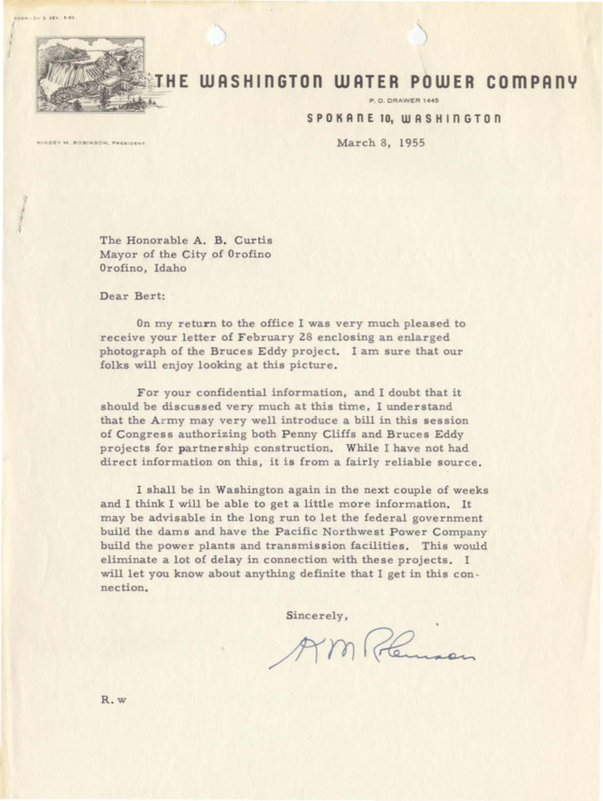 A letter from K.M. Robinson to Bert Curtis, discussing both the Penny Cliffs and Bruces Eddy projects.