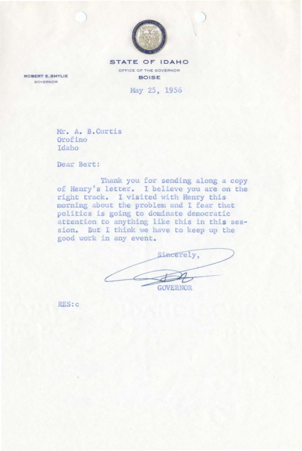 A letter to Bert Curtis regarding a meeting with Senator Dworshak
