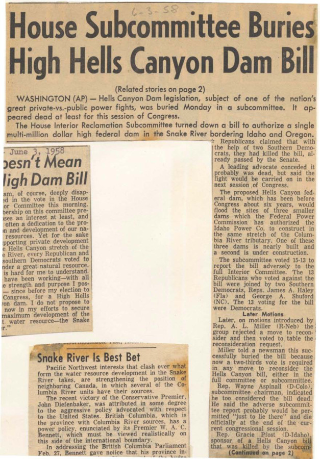 Hells Canyon Dam legislation is subject of one of the nations great private-vs.-public power fights was buried.