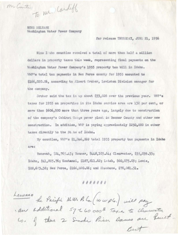 A press release issued by the Washington Water Power Company, with handwritten notes by Bert Curtis
