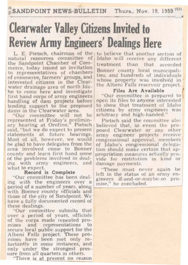 Clearwater Valley Citizens Invited to Review Army Engineers Dealings