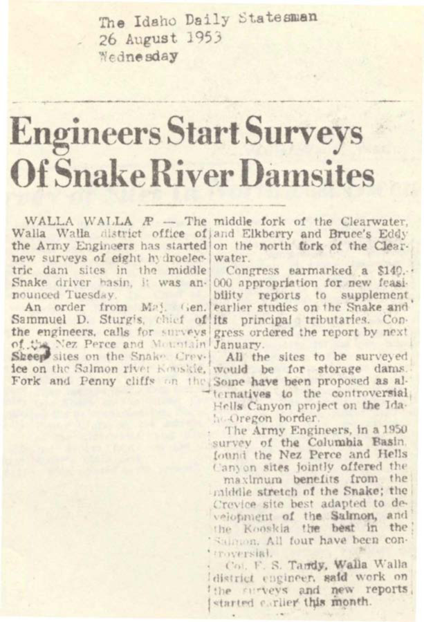 Army Engineers has started new surveys of eight hydroelectric dam sites in the middle Snake river basin