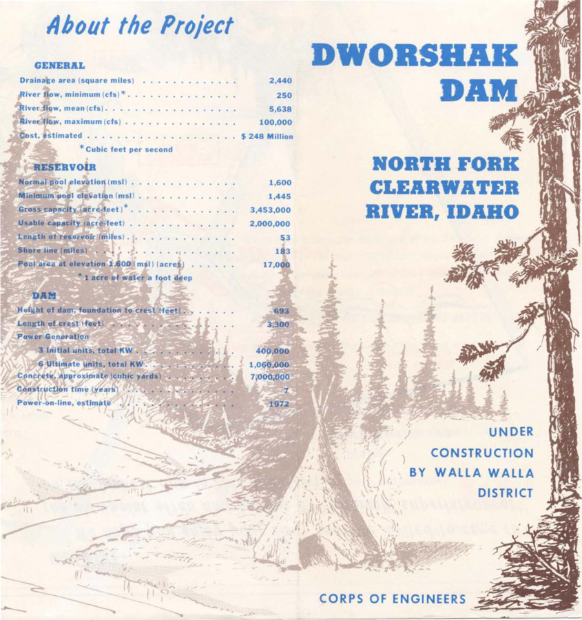 North Fork Clearwater river, Idaho. Under construction by Walla Walla District, Corps of Engineers.  Dworshak Dam.